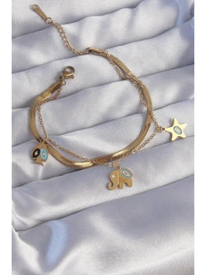 316L Çelik Gold Renk Çift Zincir Çoklu Aksesuarlı Bileklik