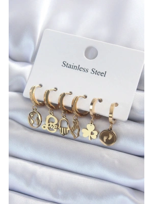 316L Çelik Gold Renk Çoklu Figür Model Kadın Küpe Seti