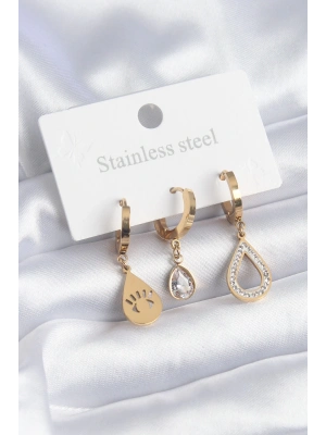 316L Çelik Gold Renk Damla Model Göz İşleme Zirkon Taş Detay Kadın Küpe