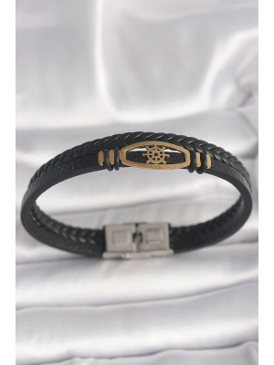 316L Çelik Gold Renk Gemi Dümen Figür Siyah Renk Çift Sıra Burgu Desenli Deri Kordon Erkek Bileklik