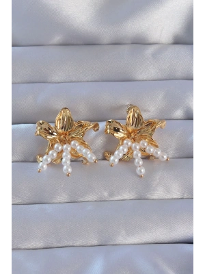 316L Çelik Gold Renk İnci Aksesuarlı Çiçek Model Küpe