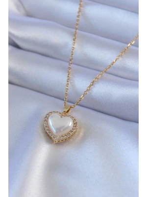 316L Çelik Gold Renk İncili Kalp Model Zirkon Taşlı Kadın Kolye