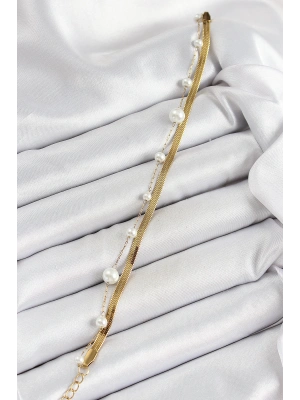 316L Çelik Gold Renk İncili ve İtalyan Zincirli Kadın Bileklik