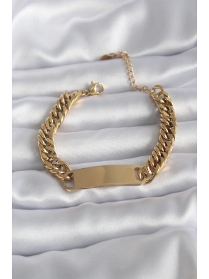 316L Çelik Gold Renk İsim Yazılabilir Plaka Model Kadın Bileklik