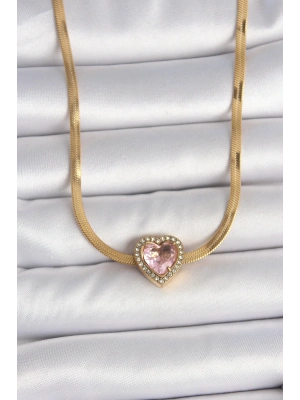 316L Çelik Gold Renk İtalyan Zincir Pembe Zirkon Taşlı Kalp Model Kadın Kolye