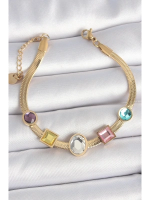 316L Çelik Gold Renk İtalyan Zincir Renkli Zirkon Taşlı Kadın Bileklik
