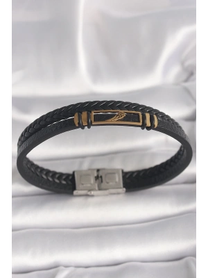 316L Çelik Gold Renk Kanat Aksesuarlı Siyah Burgu Model Deri Kordon Erkek Bileklik
