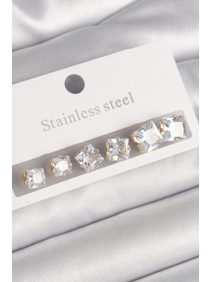 316L Çelik Gold Renk Kare Zirkon Taş Model Kadın Küpe Seti