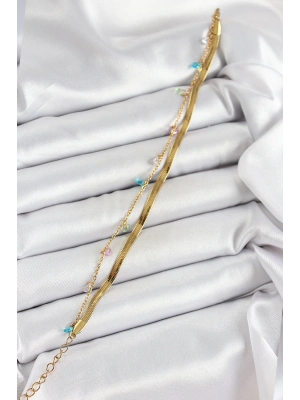 316L Çelik Gold Renk Karışık Renkli Kristal Taşlı 2li Kadın Bileklik