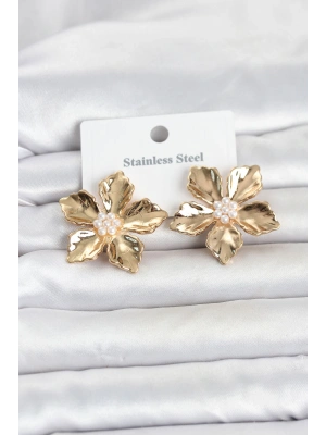316L Çelik Gold Renk Lotus Çiçek Model Kadın Küpe