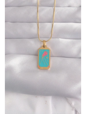 316L Çelik Gold Renk Mavi Mineli Tarot Kolye