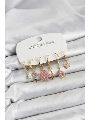 316L Çelik Gold Renk Pembe Zirkon Taşlı Lotus Detaylı Kadın Küpe Seti