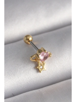 316L Çelik Gold Renk Pembe Zirkon Taşlı Sallantı Yıldız Detay Tragus Piercing