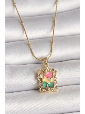 316L Çelik Gold Renk Renkli Zirkon Taşlı Kelebek İşlemeli Portre Model Kadın Kolye