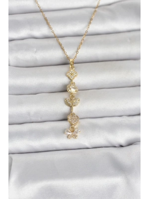 316L Çelik Gold Renk Şans Kolyesi Y Model Zirkon Taşlı Kadın Kolye