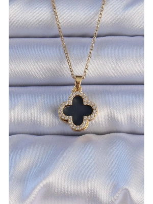 316L Çelik Gold Renk Siyah Mineli Zirkon Taşlı Yonca Figürlü Kolye