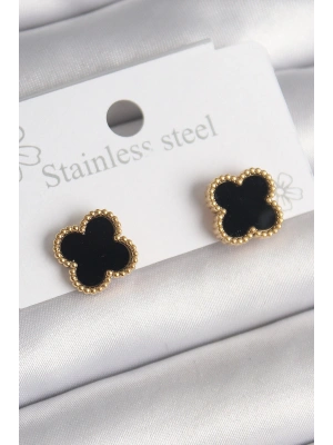 316L Çelik Gold Renk Siyah Yonca Model Kadın Küpe