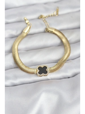 316L Çelik Gold Renk Siyah Yonca Model Zirkon Taşlı Yılan Zincirli Kadın Bileklik