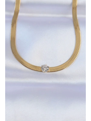 316L Çelik Gold Renk Tek Zirkon Taşlı İtalyan Zincir Kolye