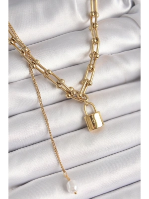 316L Çelik Gold Renk Tifany Zincir Model Kilit Figür Sallantı İnci Detay Kadın Kolye