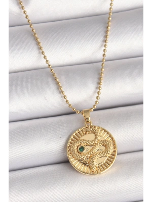 316L Çelik Gold Renk Topçuk Zincir Yılan İşlemeli Zirkon Taş Detaylı Madalyon Model Kadın Kolye