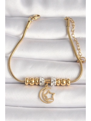 316L Çelik Gold Renk Tüp Zincir Zirkon Taş Detaylı Sallantı Ay Yıldız Figür Kadın Bileklik