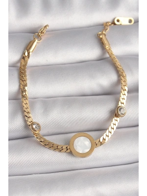 316L Çelik Gold Renk Yassı Zincir Model Zirkon Taş Detaylı Beyaz Mineli Madalyon Model Kadın Bileklik