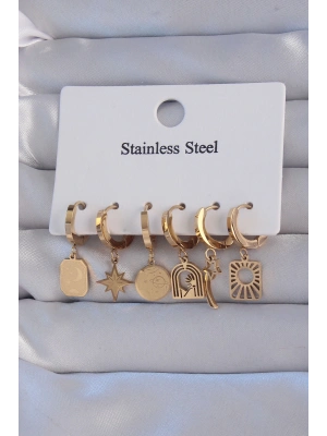 316L Çelik Gold Renk Yıldız Figürlü Tarot Model Halka Küpe Seti