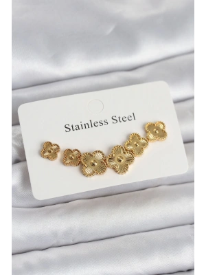 316L Çelik Gold Renk Yonca Küpe Seti