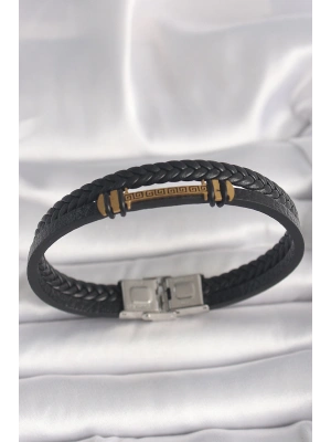 316L Çelik Gold Renk ZikZak İşlemeli Aksesuarlı Çift Sıra Burgu Desenli Deri Kordon Erkek Bileklik
