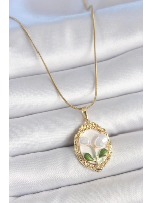 316L Çelik Gold Renk Zincir Beyaz Mineli İncili Çiçek İşlemeli Portre Model Kadın Kolye