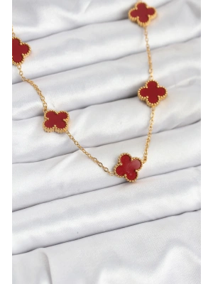 316L Çelik Gold Renk Zincir Bordo Yonca Kadın Kolye