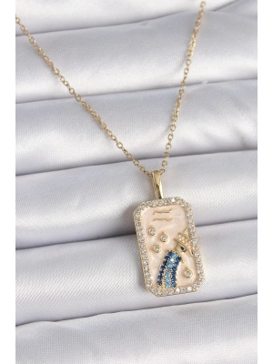 316L Çelik Gold Renk Zincir Kova Burcu Zirkon Taşlı Kadın Kolye