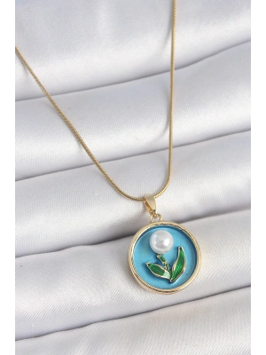 316L Çelik Gold Renk Zincir Mavi Mineli İncili Çiçek İşlemeli Portre Model Kadın Kolye