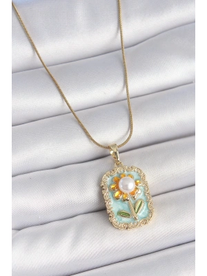 316L Çelik Gold Renk Zincir Mavi Mineli İncili Papatya İşlemeli Portre Model Kadın Kolye