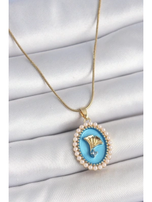 316L Çelik Gold Renk Zincir Mavi Mineli İncili Zirkon Taşlı Çiçek İşlemeli Portre Model Kadın Kolye