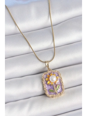 316L Çelik Gold Renk Zincir Mor Mineli İncili Papatya İşlemeli Portre Model Kadın Kolye