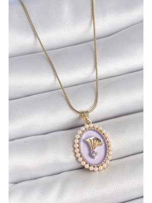 316L Çelik Gold Renk Zincir Mor Mineli İncili Zirkon Taşlı Çiçek İşlemeli Portre Model Kadın Kolye