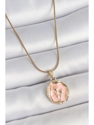 316L Çelik Gold Renk Zincir Pembe Mineli Çiçek İşlemeli Portre Model Kadın Kolye