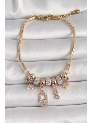 Pirinç Gold Renk Zincir Sallantı Zirkon Taşlı Messika Figür Yıldız Detay Kadın Bileklik