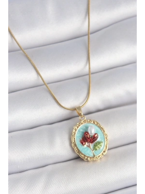 316L Çelik Gold Renk Zincir Turkuaz Mineli İncili Çiçek İşlemeli Portre Model Kadın Kolye