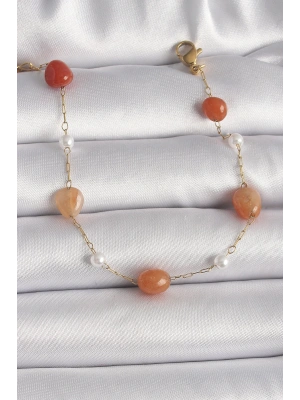 316L Çelik Gold Renk Zincir Turuncu Doğaltaş Model İnci Detay Kadın Bileklik