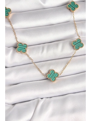 316L Çelik Gold Renk Zincir Yeşil Yonca Model Kadın Kolye