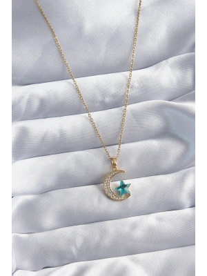 316L Çelik Gold Renk Zincir Zirkon Taş Detay Hilal Yıldızı Figür Kadın Kolye