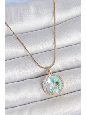 316L Çelik Gold Renk Zincir Zirkon Taş Detaylı Mavi Mineli Çiçek İşlemeli İnci Detay Kadın Kolye