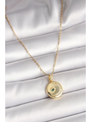 316L Çelik Gold Renk Zincir Zirkon Taş İşlemeli Hilal Yıldız İşlemeli Madalyon Model Kadın Kolye