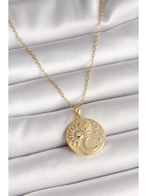 316L Çelik Gold Renk Zincir Zirkon Taşlı Ay Güneş İşlemeli Madalyon Model Kadın Kolye