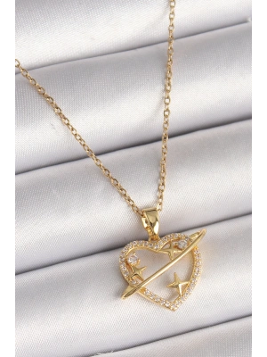 316L Çelik Gold Renk Zincir Zirkon Taşlı Kalp Model Yıldız Detay Kadın Kolye