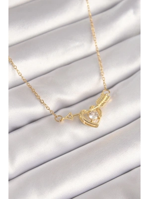 316L Çelik Gold Renk Zincir Zirkon Taşlı Ok Kalp Model Kadın Kolye