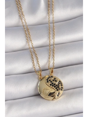 316L Çelik Gold Renk Zincir Zirkon Taşlı Ying Yang Model Gün Batımı İşlemeli Arkadaşlık Kadın Kolye